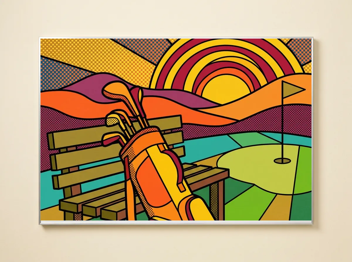 The Nineteenth on a metal print: an orange golf bag against a wooden bench under a striped red and yellow sun.