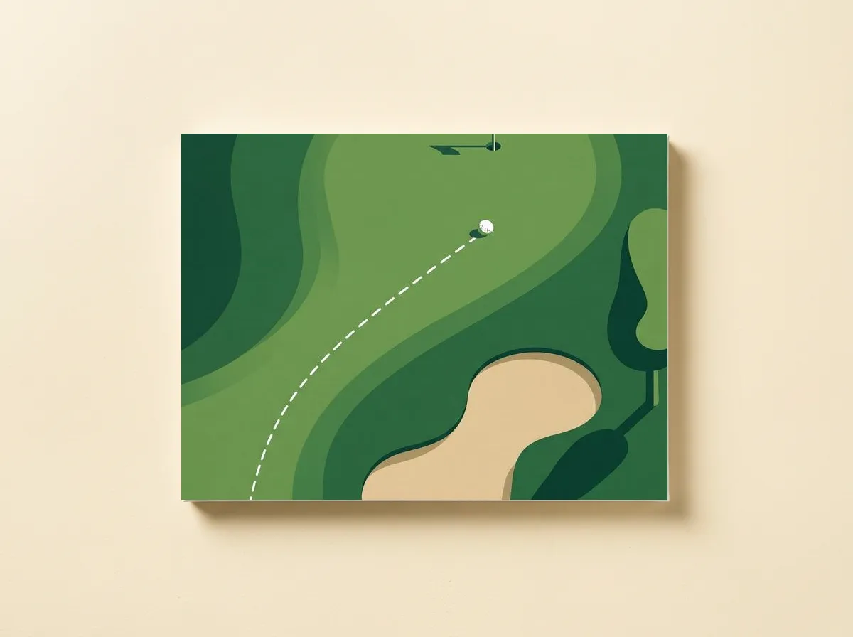 The Putting Line on a canvas, cropped wide to the ball, the dashed line and the bunker, with the flag at the top edge.