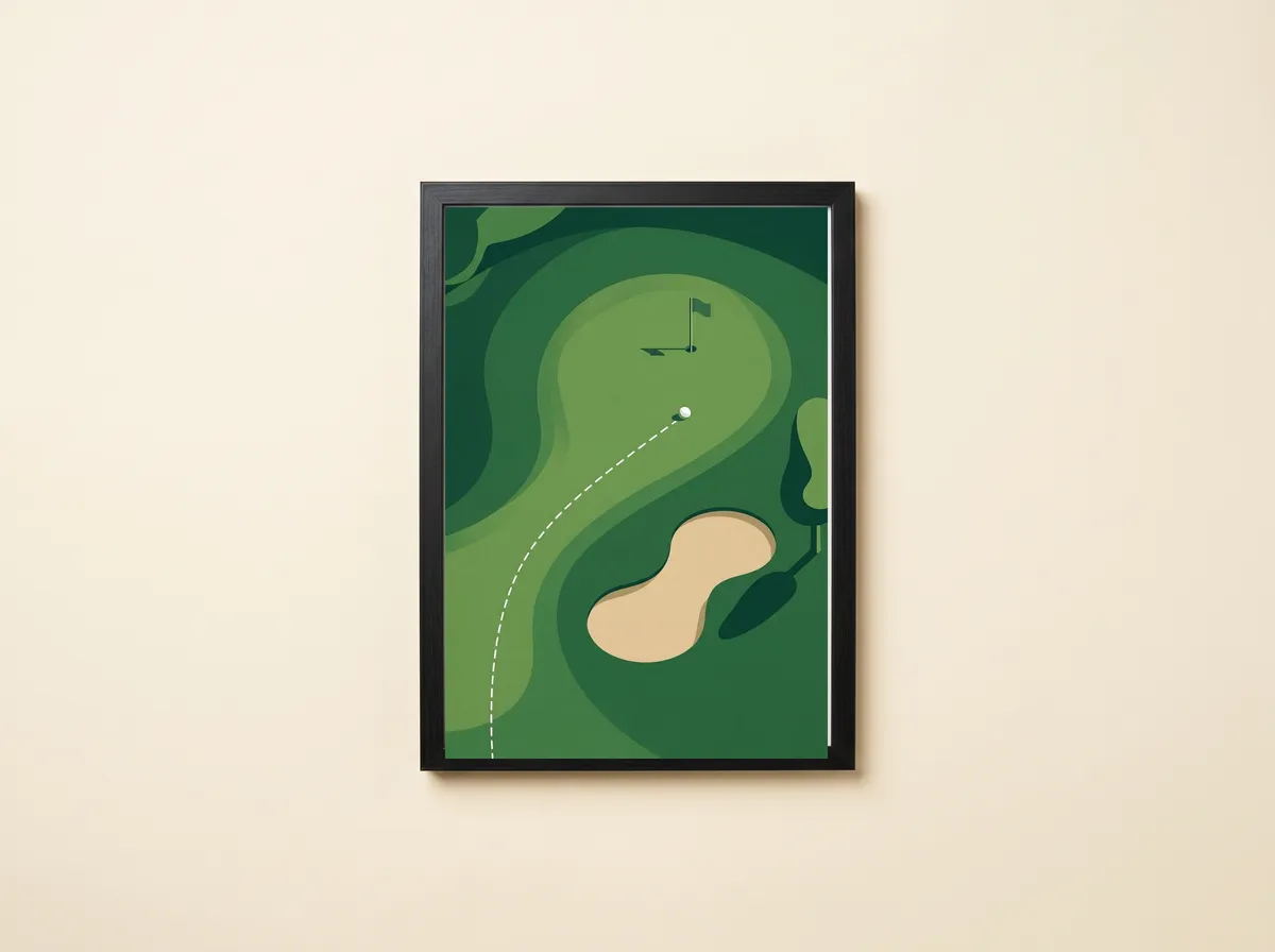 The Putting Line in a black frame: a green from above in layered shades, a flag, a ball and a dashed white line.