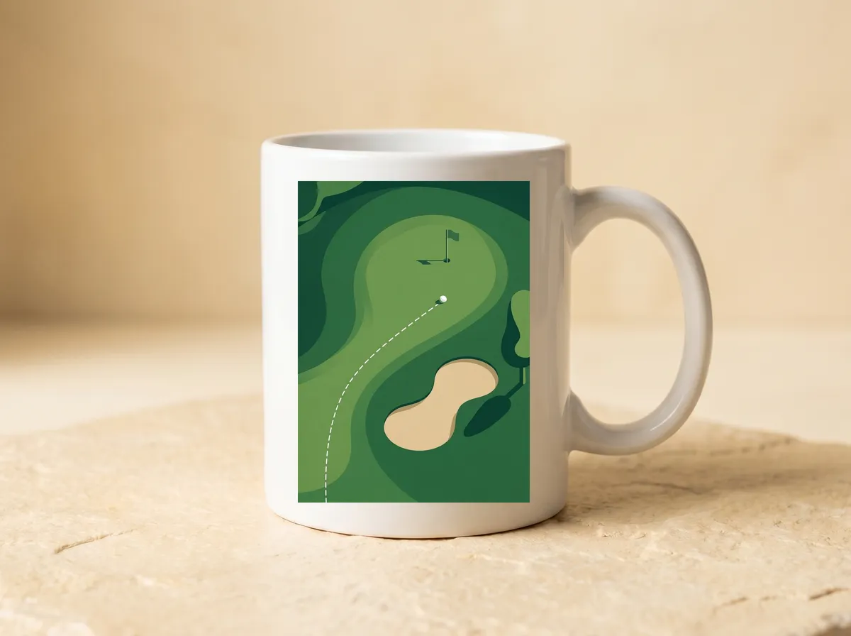 The Putting Line printed on a white mug, the whole green with its flag, ball, line and sand bunker.