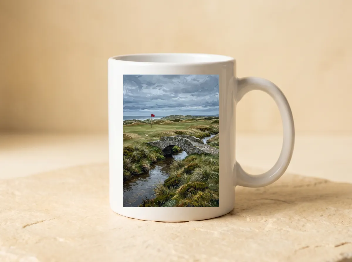 The Stone Crossing printed on a white mug, the grey sky, red flag and stone bridge all in view.