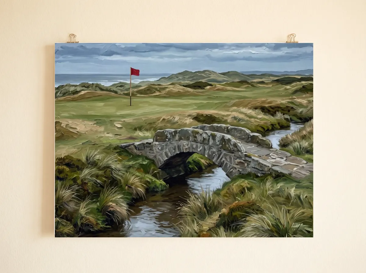 The Stone Crossing as a poster, cropped wide to the arched stone bridge, the stream and the red flag.