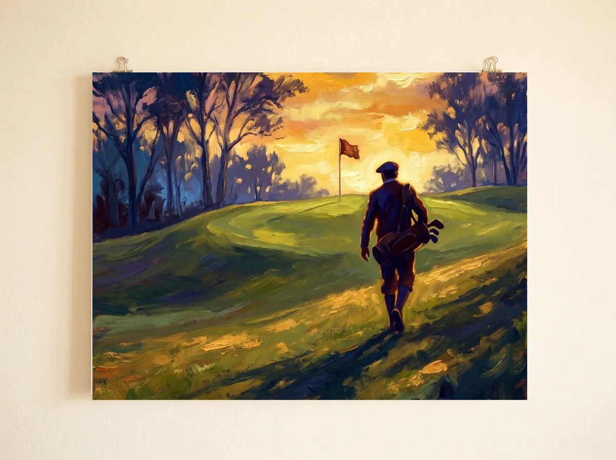Twilight Round as a poster, the lone golfer, the green and dark trees against a gold and violet sky.