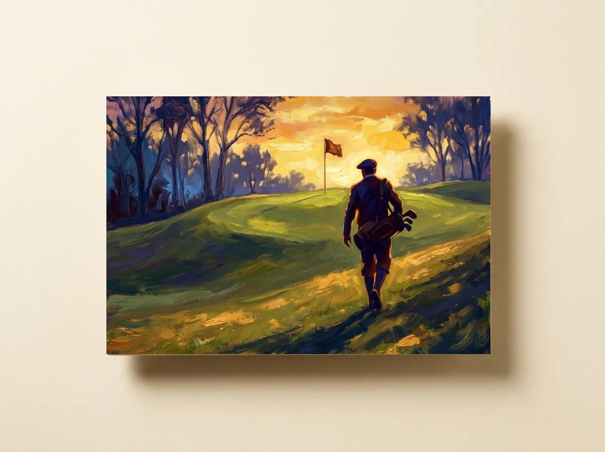 Twilight Round on a wood print, cropped wide to a golfer carrying his bag up to a red flag under a gold sky.