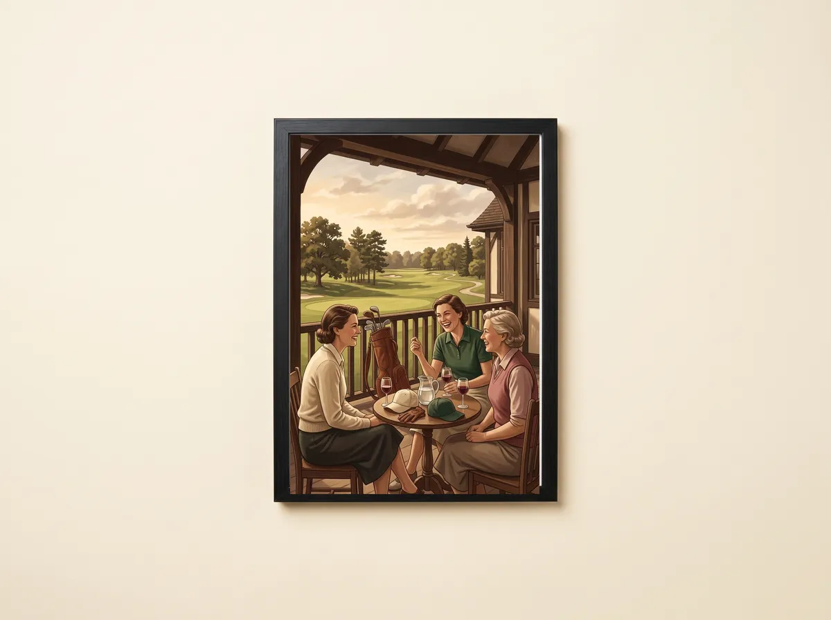 After the Round in a black frame: three women laughing round a table on a timber clubhouse veranda.