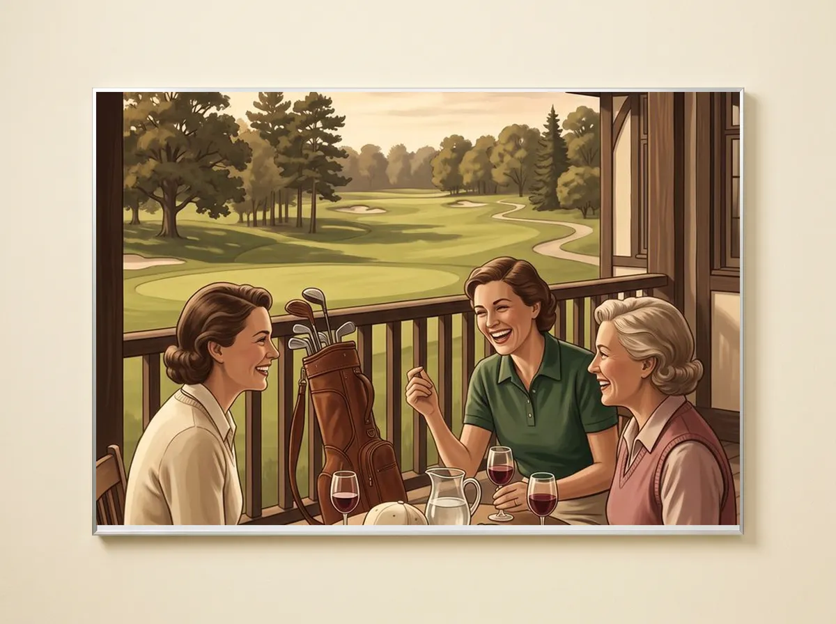 After the Round on a metal print, cropped wide to the three friends, their wine glasses, the golf bag and the course.