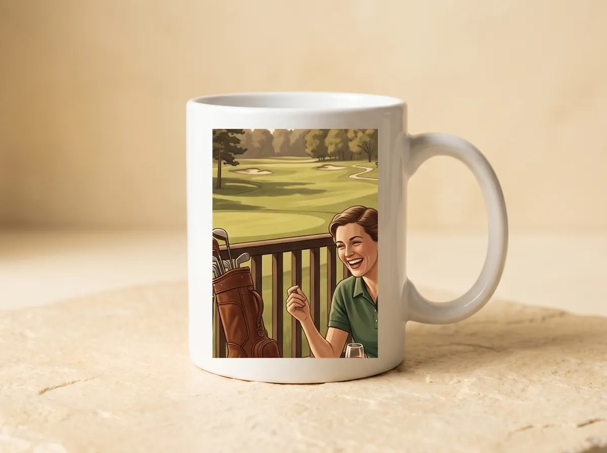 After the Round printed on a white mug, cropped to the leather bag and a laughing woman in a green shirt.