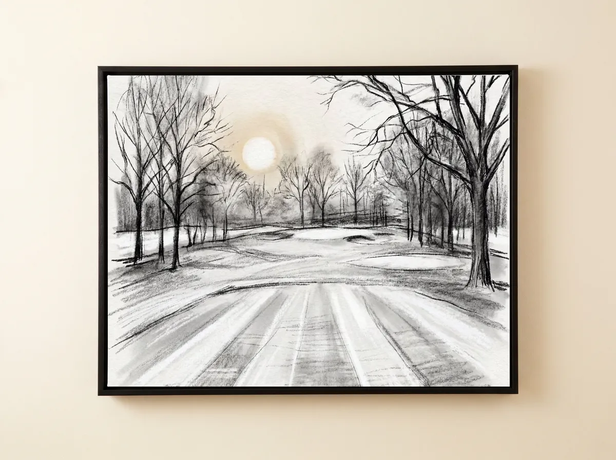 Winter Round on a black framed canvas: bare trees, a low pale sun and a frost-striped fairway in charcoal.