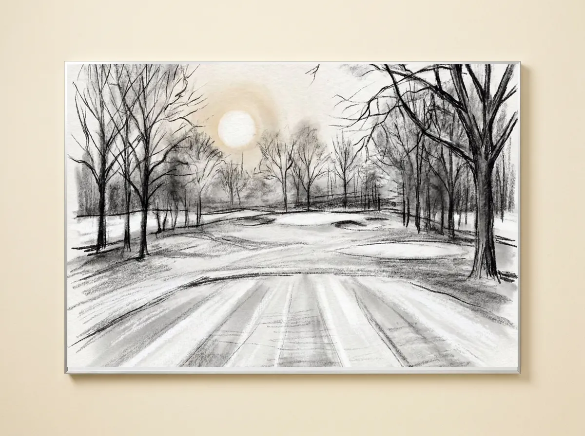 Winter Round on a metal print, cropped wide to the white sun between bare trees and the striped fairway.
