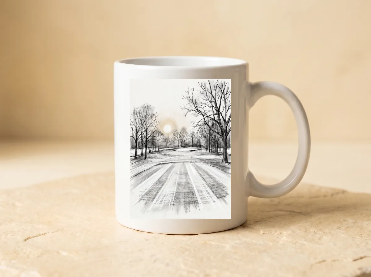 Winter Round printed on a white mug, the charcoal trees and striped fairway in black, white and grey.